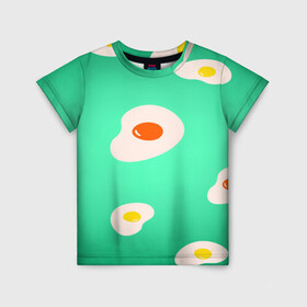 Детская футболка 3D с принтом Яйца на Зеленом Фоне в Петрозаводске, 100% гипоаллергенный полиэфир | прямой крой, круглый вырез горловины, длина до линии бедер, чуть спущенное плечо, ткань немного тянется | Тематика изображения на принте: food | в топе | в тренде | еда | завтрак | зеленый | яичница | яйца
