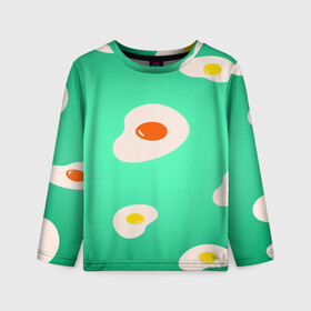 Детский лонгслив 3D с принтом Яйца на Зеленом Фоне в Петрозаводске, 100% полиэстер | длинные рукава, круглый вырез горловины, полуприлегающий силуэт
 | Тематика изображения на принте: food | в топе | в тренде | еда | завтрак | зеленый | яичница | яйца
