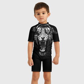 Детский купальный костюм 3D с принтом Рев Тигра в Петрозаводске, Полиэстер 85%, Спандекс 15% | застежка на молнии на спине | Тематика изображения на принте: roar | tiger | рык | тигр | чернобелый
