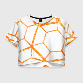 Женская футболка Crop-top 3D с принтом Hexagon в Петрозаводске, 100% полиэстер | круглая горловина, длина футболки до линии талии, рукава с отворотами | hexagon | high tech | lines | orange | линии | многоугольник | огонь | оранжевый | паутина | пламя | хай тек | шестиугольник | яркий