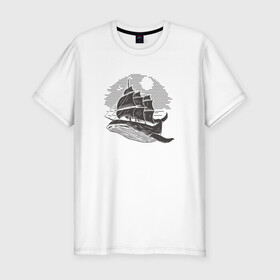 Мужская футболка хлопок Slim с принтом Кит и корабль в Петрозаводске, 92% хлопок, 8% лайкра | приталенный силуэт, круглый вырез ворота, длина до линии бедра, короткий рукав | ship | whale | кит | киты | корабль | паруса