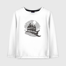 Детский лонгслив хлопок с принтом Кит и корабль в Петрозаводске, 100% хлопок | круглый вырез горловины, полуприлегающий силуэт, длина до линии бедер | ship | whale | кит | киты | корабль | паруса