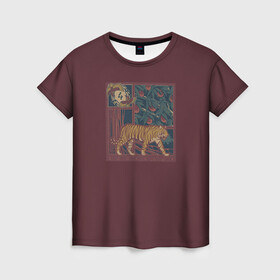 Женская футболка 3D с принтом КартиНа с Тигром в Петрозаводске, 100% полиэфир ( синтетическое хлопкоподобное полотно) | прямой крой, круглый вырез горловины, длина до линии бедер | бардовый | картина | коты | кошки | красивый рисунок | тигр