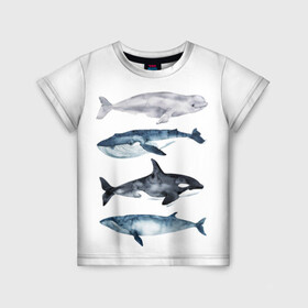 Детская футболка 3D с принтом киты в Петрозаводске, 100% гипоаллергенный полиэфир | прямой крой, круглый вырез горловины, длина до линии бедер, чуть спущенное плечо, ткань немного тянется | Тематика изображения на принте: ocean | orca | sea | sea animal | whale | белуха | дельфин | касатка | кит | море | океан | рисунок кита | синий кит