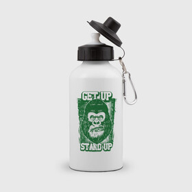 Бутылка спортивная с принтом GET UP STAND UP в Петрозаводске, металл | емкость — 500 мл, в комплекте две пластиковые крышки и карабин для крепления | годобезьяны | голова обезьяны | злая обезьяна | обезьяна