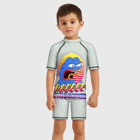 Детский купальный костюм 3D с принтом Пепе РеТриггер в Петрозаводске, Полиэстер 85%, Спандекс 15% | застежка на молнии на спине | kekw | mem | pepe | smile | smiles | twitch | мемы | пепе | рофлан | смайл | смайлы | твитч