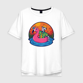 Мужская футболка хлопок Oversize с принтом Скелет в надувном Фламинго в Петрозаводске, 100% хлопок | свободный крой, круглый ворот, “спинка” длиннее передней части | закат | купание | лето | отдых | пляж | скелет | туризм | фламинго