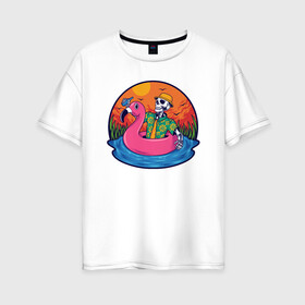 Женская футболка хлопок Oversize с принтом Скелет в надувном Фламинго в Петрозаводске, 100% хлопок | свободный крой, круглый ворот, спущенный рукав, длина до линии бедер
 | закат | купание | лето | отдых | пляж | скелет | туризм | фламинго