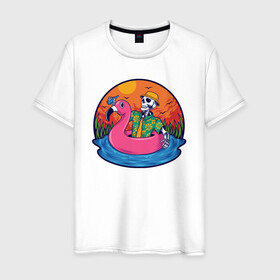Мужская футболка хлопок с принтом Скелет в надувном Фламинго в Петрозаводске, 100% хлопок | прямой крой, круглый вырез горловины, длина до линии бедер, слегка спущенное плечо. | закат | купание | лето | отдых | пляж | скелет | туризм | фламинго