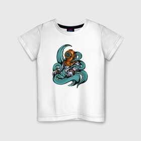 Детская футболка хлопок с принтом Осьминог напал на водолаза в Петрозаводске, 100% хлопок | круглый вырез горловины, полуприлегающий силуэт, длина до линии бедер | Тематика изображения на принте: водолаз | море | океан | осьминог | подводный мир | щупальцы