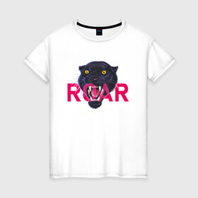 Женская футболка хлопок с принтом Пантера ROAR в Петрозаводске, 100% хлопок | прямой крой, круглый вырез горловины, длина до линии бедер, слегка спущенное плечо | roar | багира | голова пантеры | животное | кошка | пантера