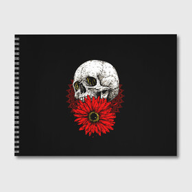 Альбом для рисования с принтом Череп и Красный Цветок Skull в Петрозаводске, 100% бумага
 | матовая бумага, плотность 200 мг. | Тематика изображения на принте: flowers | head | skulls | букет | голова | животные | кости | мозги | паттерн | полосы | природа | розы | скелет | текстура | узор | флора | хо | цветы | черепа | черный | яркий