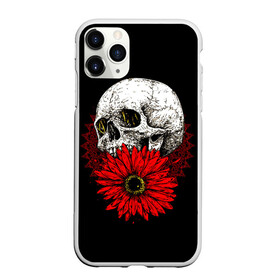 Чехол для iPhone 11 Pro Max матовый с принтом Череп и Красный Цветок Skull в Петрозаводске, Силикон |  | flowers | head | skulls | букет | голова | животные | кости | мозги | паттерн | полосы | природа | розы | скелет | текстура | узор | флора | хо | цветы | черепа | черный | яркий