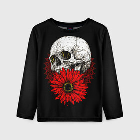 Детский лонгслив 3D с принтом Череп и Красный Цветок Skull в Петрозаводске, 100% полиэстер | длинные рукава, круглый вырез горловины, полуприлегающий силуэт
 | flowers | head | skulls | букет | голова | животные | кости | мозги | паттерн | полосы | природа | розы | скелет | текстура | узор | флора | хо | цветы | черепа | черный | яркий