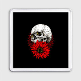 Магнит 55*55 с принтом Череп и Красный Цветок Skull в Петрозаводске, Пластик | Размер: 65*65 мм; Размер печати: 55*55 мм | flowers | head | skulls | букет | голова | животные | кости | мозги | паттерн | полосы | природа | розы | скелет | текстура | узор | флора | хо | цветы | черепа | черный | яркий