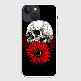 Чехол для iPhone 13 mini с принтом Череп и Красный Цветок | Skull в Петрозаводске,  |  | flowers | head | skulls | букет | голова | животные | кости | мозги | паттерн | полосы | природа | розы | скелет | текстура | узор | флора | хо | цветы | черепа | черный | яркий