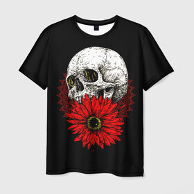 Мужская футболка 3D с принтом Череп и Красный Цветок Skull в Петрозаводске, 100% полиэфир | прямой крой, круглый вырез горловины, длина до линии бедер | flowers | head | skulls | букет | голова | животные | кости | мозги | паттерн | полосы | природа | розы | скелет | текстура | узор | флора | хо | цветы | черепа | черный | яркий