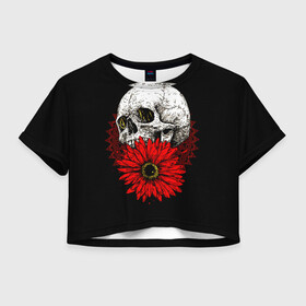 Женская футболка Crop-top 3D с принтом Череп и Красный Цветок Skull в Петрозаводске, 100% полиэстер | круглая горловина, длина футболки до линии талии, рукава с отворотами | flowers | head | skulls | букет | голова | животные | кости | мозги | паттерн | полосы | природа | розы | скелет | текстура | узор | флора | хо | цветы | черепа | черный | яркий