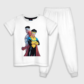 Детская пижама хлопок с принтом Неуязвимый (Invincible) в Петрозаводске, 100% хлопок |  брюки и футболка прямого кроя, без карманов, на брюках мягкая резинка на поясе и по низу штанин
 | Тематика изображения на принте: damien darkblood | invincible | superman | марк грэйсон | мультсериал | неуязвимый | супергерой