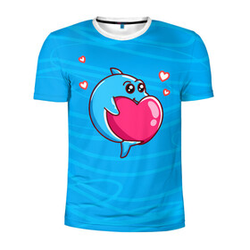 Мужская футболка 3D спортивная с принтом Дельфин с сердечком в Петрозаводске, 100% полиэстер с улучшенными характеристиками | приталенный силуэт, круглая горловина, широкие плечи, сужается к линии бедра | Тематика изображения на принте: dolphin | дельфин | дельфинчик | море | морские | на голубом | с дельфином | с сердцем | сердечко