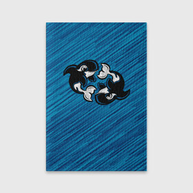 Обложка для паспорта матовая кожа с принтом Две косатки в Петрозаводске, натуральная матовая кожа | размер 19,3 х 13,7 см; прозрачные пластиковые крепления | Тематика изображения на принте: whale | кит | косатка | косатки | на синем | с косатками