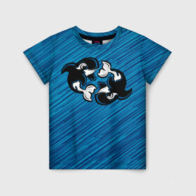 Детская футболка 3D с принтом Две косатки в Петрозаводске, 100% гипоаллергенный полиэфир | прямой крой, круглый вырез горловины, длина до линии бедер, чуть спущенное плечо, ткань немного тянется | whale | кит | косатка | косатки | на синем | с косатками
