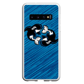 Чехол для Samsung Galaxy S10 с принтом Две косатки в Петрозаводске, Силикон | Область печати: задняя сторона чехла, без боковых панелей | whale | кит | косатка | косатки | на синем | с косатками