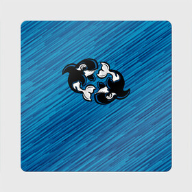 Магнит виниловый Квадрат с принтом Две косатки в Петрозаводске, полимерный материал с магнитным слоем | размер 9*9 см, закругленные углы | whale | кит | косатка | косатки | на синем | с косатками