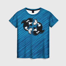 Женская футболка 3D с принтом Две косатки в Петрозаводске, 100% полиэфир ( синтетическое хлопкоподобное полотно) | прямой крой, круглый вырез горловины, длина до линии бедер | whale | кит | косатка | косатки | на синем | с косатками
