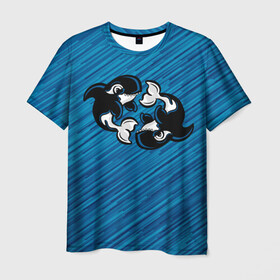 Мужская футболка 3D с принтом Две косатки в Петрозаводске, 100% полиэфир | прямой крой, круглый вырез горловины, длина до линии бедер | whale | кит | косатка | косатки | на синем | с косатками