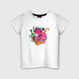 Детская футболка хлопок с принтом Осьминог пират в Петрозаводске, 100% хлопок | круглый вырез горловины, полуприлегающий силуэт, длина до линии бедер | Тематика изображения на принте: cute | octopus | pirat | кракен | осьминог | осьминожка | пират | щупальца