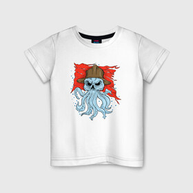 Детская футболка хлопок с принтом Осьминог в каске в Петрозаводске, 100% хлопок | круглый вырез горловины, полуприлегающий силуэт, длина до линии бедер | cute | octopus | pirat | в каске | кракен | осьминог | осьминожка | пират | скелет | череп | щупальца