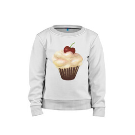 Детский свитшот хлопок с принтом Cupcake with cherry art в Петрозаводске, 100% хлопок | круглый вырез горловины, эластичные манжеты, пояс и воротник | art | cherry | cooking | cupcake | vypichka | yummy | арт | вишня | вкусняшка | выпичка | кекс | кулинария