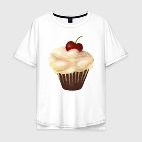 Мужская футболка хлопок Oversize с принтом Cupcake with cherry art в Петрозаводске, 100% хлопок | свободный крой, круглый ворот, “спинка” длиннее передней части | art | cherry | cooking | cupcake | vypichka | yummy | арт | вишня | вкусняшка | выпичка | кекс | кулинария