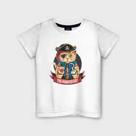 Детская футболка хлопок с принтом Кот пират в Петрозаводске, 100% хлопок | круглый вырез горловины, полуприлегающий силуэт, длина до линии бедер | captain | cat | pirate | pirates | skull | капитан | кот | пират | череп