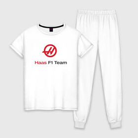 Женская пижама хлопок с принтом Haas F1 Team в Петрозаводске, 100% хлопок | брюки и футболка прямого кроя, без карманов, на брюках мягкая резинка на поясе и по низу штанин | f1 | haas | грожан | магнуссен | мазепин | ф1 | феррари | формула 1 | хаас