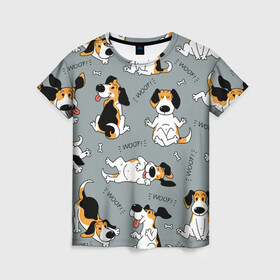 Женская футболка 3D с принтом Собаки Бигли в Петрозаводске, 100% полиэфир ( синтетическое хлопкоподобное полотно) | прямой крой, круглый вырез горловины, длина до линии бедер | dog | бигли | бигль | животные | пес | природа | собака | собаки | собакчка | собачки