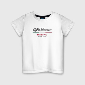 Детская футболка хлопок с принтом Alfa Romeo F1 Team в Петрозаводске, 100% хлопок | круглый вырез горловины, полуприлегающий силуэт, длина до линии бедер | alfa romeo | f1 | formula 1 | team | альфе ромео | антонио джовинации | кими райкконен | логотип | ф1 | формула 1