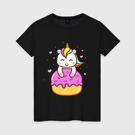 Женская футболка хлопок с принтом Милый единорог с пончиком в Петрозаводске, 100% хлопок | прямой крой, круглый вырез горловины, длина до линии бедер, слегка спущенное плечо | cute | funny | pony | rainbow | unicorn | единорог | единорожка | милый | пони | пончик | радуга