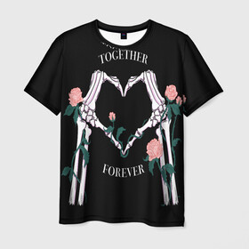 Мужская футболка 3D с принтом Вместе навсегда/together forever в Петрозаводске, 100% полиэфир | прямой крой, круглый вырез горловины, длина до линии бедер | bones | flowers | forever | heart | love | кости | любовь | навсегда | сердечко | цветы