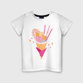 Детская футболка хлопок с принтом Кавай в Петрозаводске, 100% хлопок | круглый вырез горловины, полуприлегающий силуэт, длина до линии бедер | cats | ice cream | japan | kawai | sweets | кавай | коты | мороженное | сладости | япония