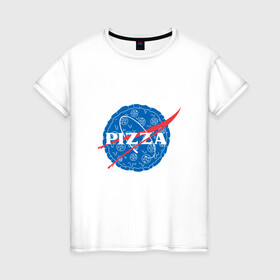 Женская футболка хлопок с принтом NASA Pizza в Петрозаводске, 100% хлопок | прямой крой, круглый вырез горловины, длина до линии бедер, слегка спущенное плечо | mars | moon | nasa | астероид | астронавт | астрономия | вселенная | гагарин | галактика | земля | илон | комета | космонавт | космос | луна | марс | маск | наса | небо | нло | пицца | планета | пришелец | ракета