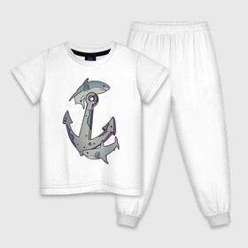 Детская пижама хлопок с принтом Sharks around the anchor в Петрозаводске, 100% хлопок |  брюки и футболка прямого кроя, без карманов, на брюках мягкая резинка на поясе и по низу штанин
 | fish | sea | shark | акула | море | плавники | под водой | рыба | якорь