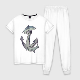 Женская пижама хлопок с принтом Sharks around the anchor в Петрозаводске, 100% хлопок | брюки и футболка прямого кроя, без карманов, на брюках мягкая резинка на поясе и по низу штанин | fish | sea | shark | акула | море | плавники | под водой | рыба | якорь