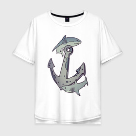 Мужская футболка хлопок Oversize с принтом Sharks around the anchor в Петрозаводске, 100% хлопок | свободный крой, круглый ворот, “спинка” длиннее передней части | Тематика изображения на принте: fish | sea | shark | акула | море | плавники | под водой | рыба | якорь