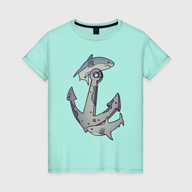 Женская футболка хлопок с принтом Sharks around the anchor в Петрозаводске, 100% хлопок | прямой крой, круглый вырез горловины, длина до линии бедер, слегка спущенное плечо | fish | sea | shark | акула | море | плавники | под водой | рыба | якорь