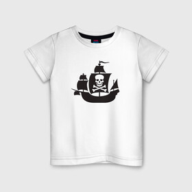 Детская футболка хлопок с принтом Пиратский корабль в Петрозаводске, 100% хлопок | круглый вырез горловины, полуприлегающий силуэт, длина до линии бедер | Тематика изображения на принте: captain | pirate | pirates | ship | skull | капитан | корабль | пират | череп | штурвал
