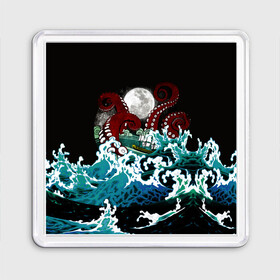 Магнит 55*55 с принтом Корабль на Волнах | Кракен в Петрозаводске, Пластик | Размер: 65*65 мм; Размер печати: 55*55 мм | Тематика изображения на принте: animal | beast | kraken | monster | moon | ocean | octopus | sea | ship | water | waves | вода | волны | животные | звери | корабль | кракен | луна | монстр | море | океан | осьминог | рыбы | щупальца