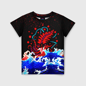 Детская футболка 3D с принтом Кровавый Кракен Монстр в Петрозаводске, 100% гипоаллергенный полиэфир | прямой крой, круглый вырез горловины, длина до линии бедер, чуть спущенное плечо, ткань немного тянется | animal | beast | blood | drops | kraken | monster | ocean | octopus | sea | water | waves | брызги | вода | волны | животные | звери | капли | кракен | кровь | монстр | море | океан | осьминог | рыбы | щупальца