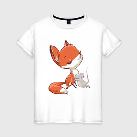 Женская футболка хлопок с принтом Лисичка и мышка в Петрозаводске, 100% хлопок | прямой крой, круглый вырез горловины, длина до линии бедер, слегка спущенное плечо | fox | foxy | животное | звери | лиса | лисенок | лисичка | милая | рыжая | фокс